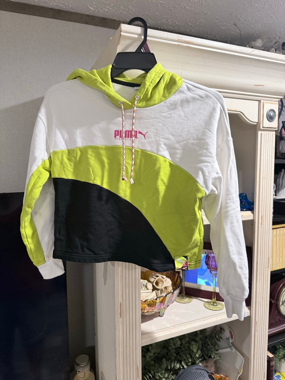 PUMA International Womens XS Colorblock Hoodie Neon Yellow Black White Crop